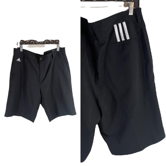 Adidas Athletic Golf Casual Shorts Black with cool White stripes Front Zipper - Picture 1 of 8